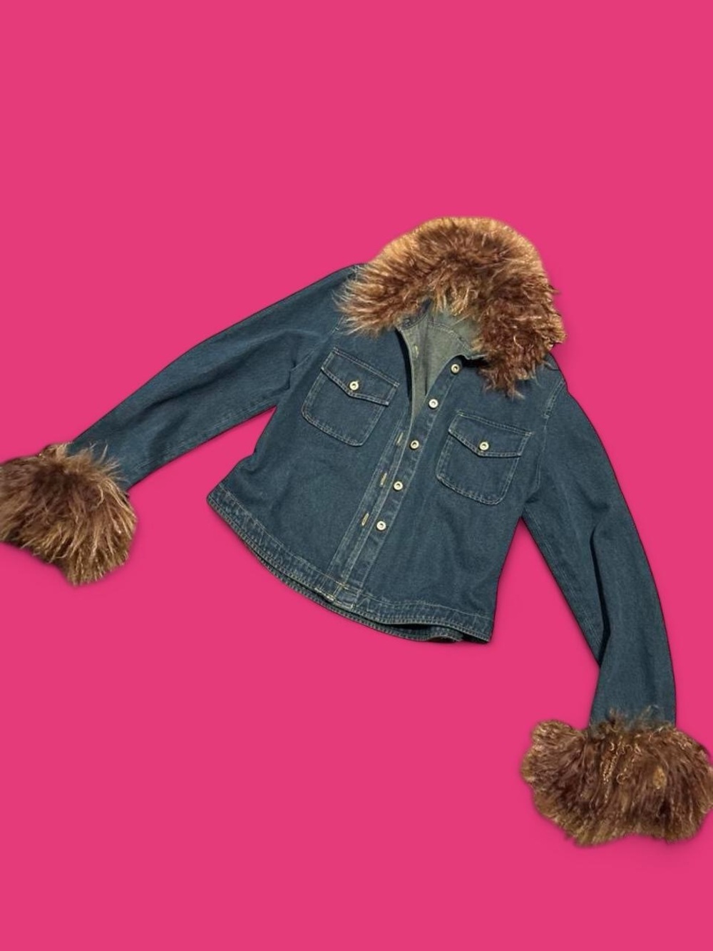 Vintage 00s Denim Jacket with Faux Fur Trim - Blue